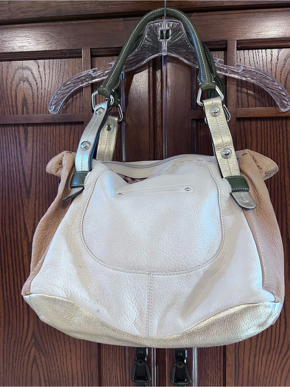 B Makowsky Lisbon Hobo Shoulder Bag Multicolor Leather Cream Tan Gold Slouchy